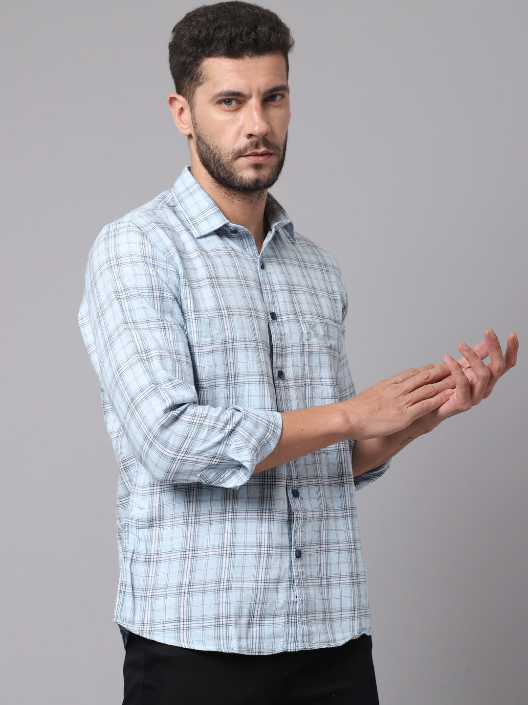 Cantabil Cotton Checkered Sky Blue Full Sleeve Casual Shirt for Men with Pocket (7049003958411)