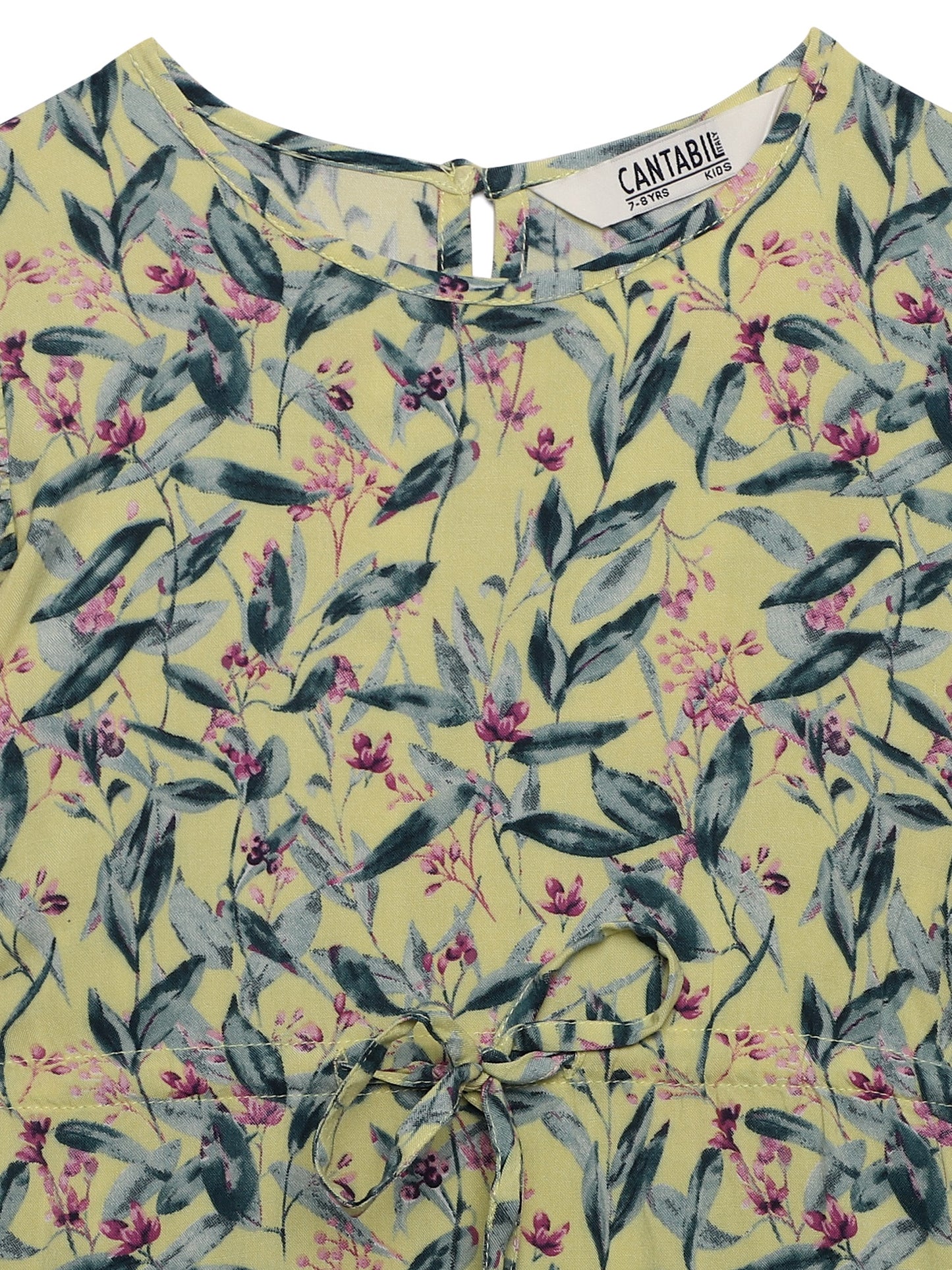 Cantabil Girls Rayon Floral Print Round Neck Cap Sleeves Fit and Flare Yellow Casual Dress (7163133984907)