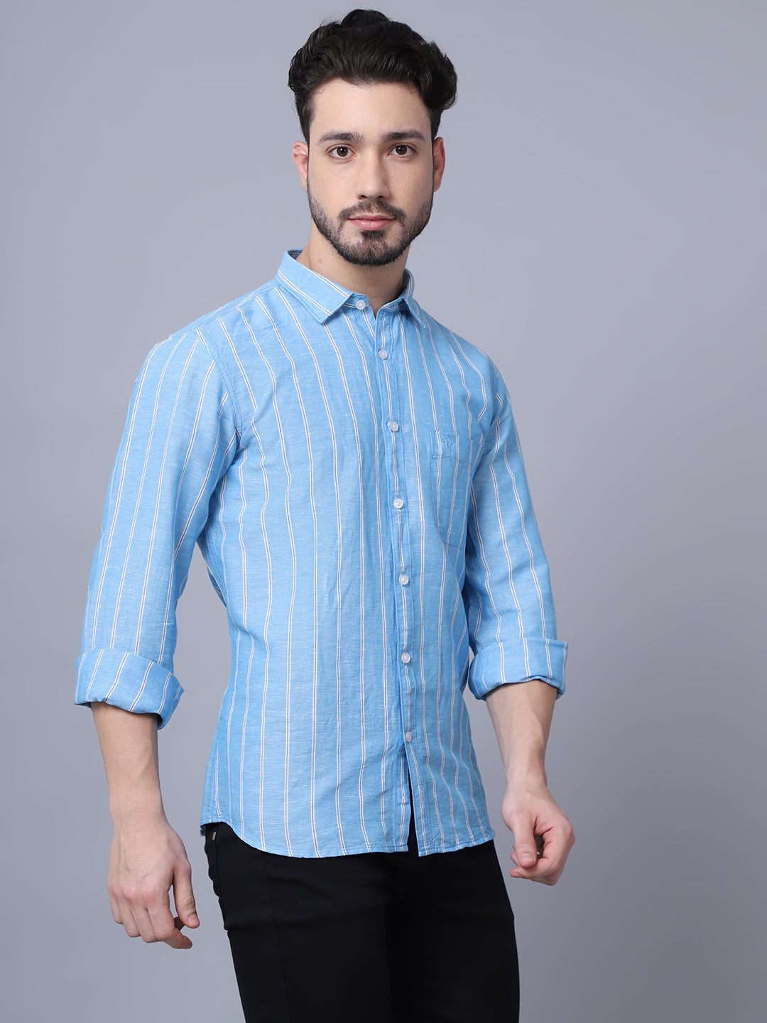 Cantabil Cotton Blend Striped Sky Blue Full Sleeve Casual Shirt for Men with Pocket (7048405418123)