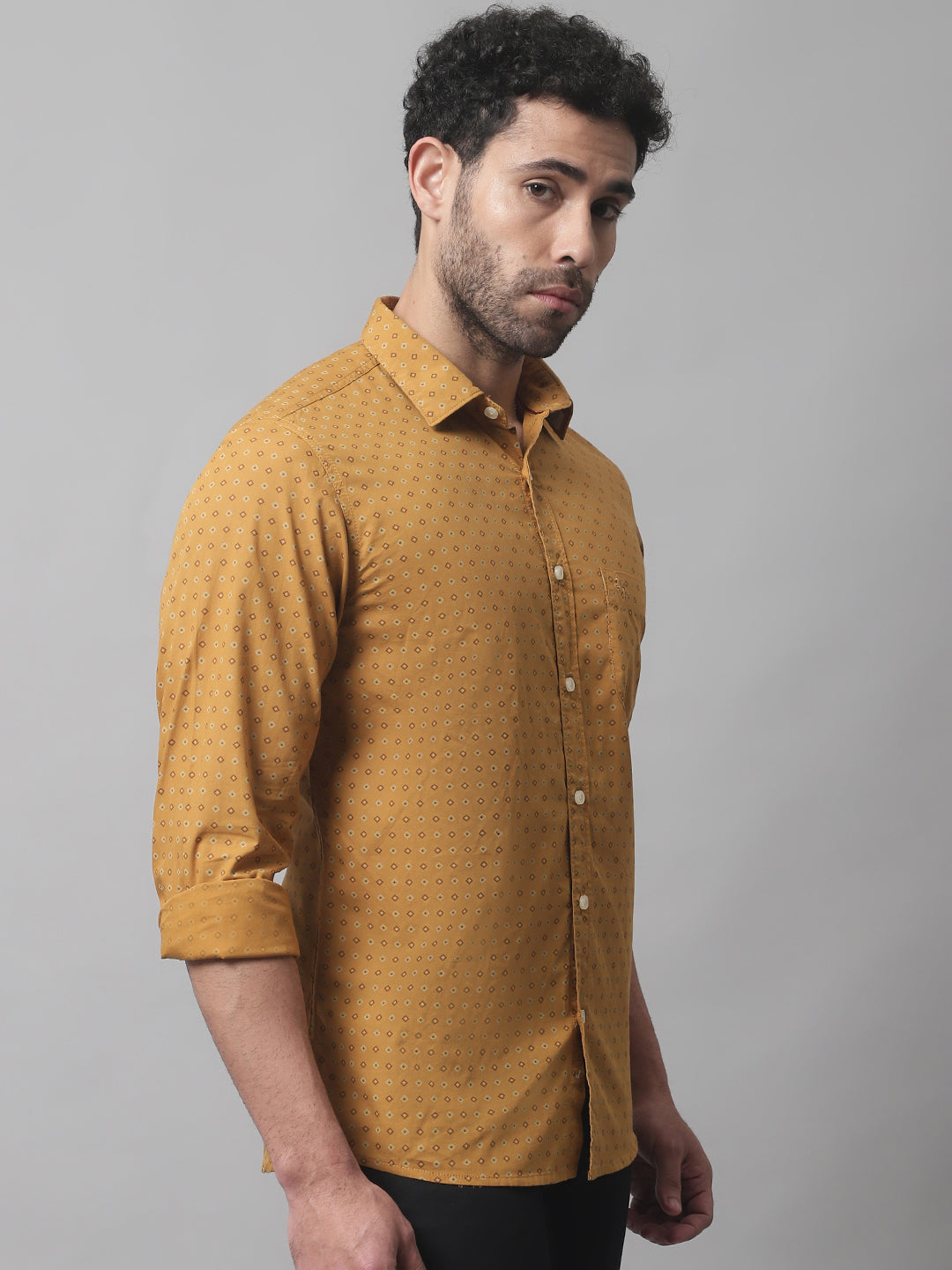 Cantabil Cotton Mustard Printed Full Sleeve Casual Shirt for Men with Pocket (7070269964427)