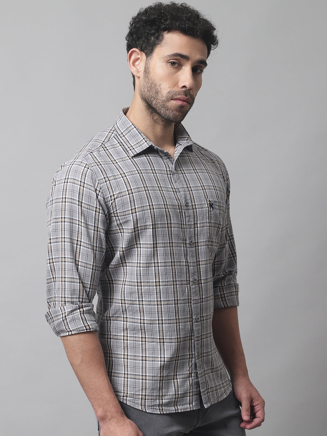 Cantabil Men Cotton Checkered Grey Full Sleeve Casual Shirt for Men with Pocket (7070328258699)