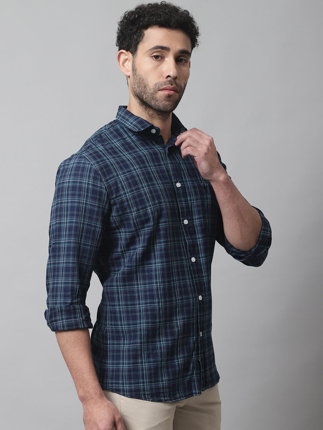 Cantabil Men Cotton Checkered Navy Blue Full Sleeve Casual Shirt for Men with Pocket (7070267932811)