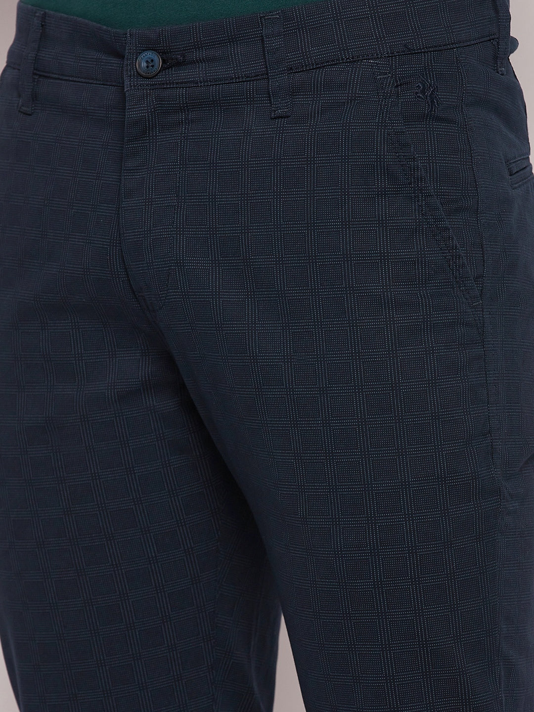 Cantabil Men Navy Blue Cotton Blend Checkered Regular Fit Casual Trouser (7057759928459)