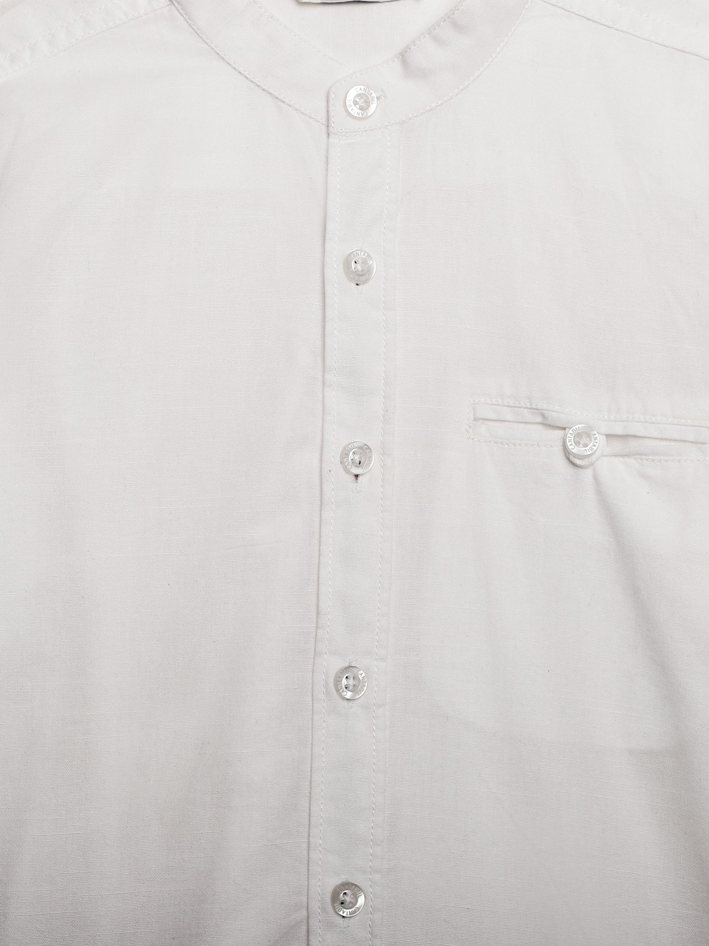 Cantabil Boys White Solid Plain Full Sleeves Band Collar Shirt with Welt Pocket (7165947773067)