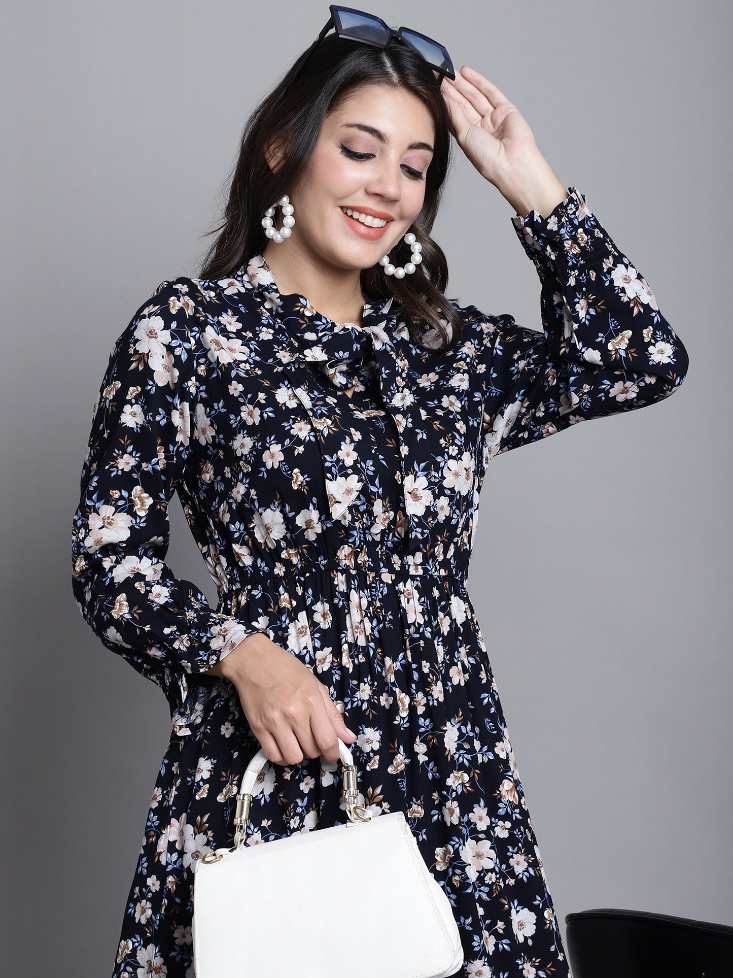 Cantabil Women Black Tie-up Neck Floral Printed 3/4th Sleeves Casual Dress (7165916446859)