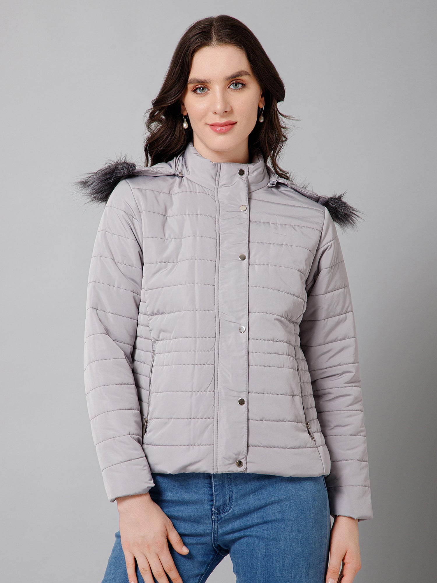 Women's Casual Grey Quilted Detachable Hood with Faux Fur trim Jacket