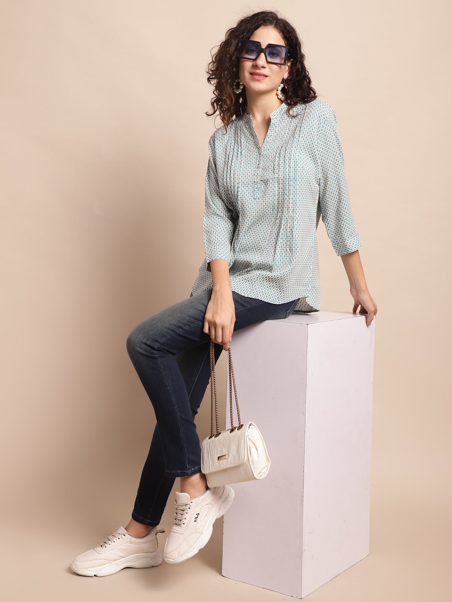 Cantabil Women Teal Blue Printed Tunic (7137952039051)
