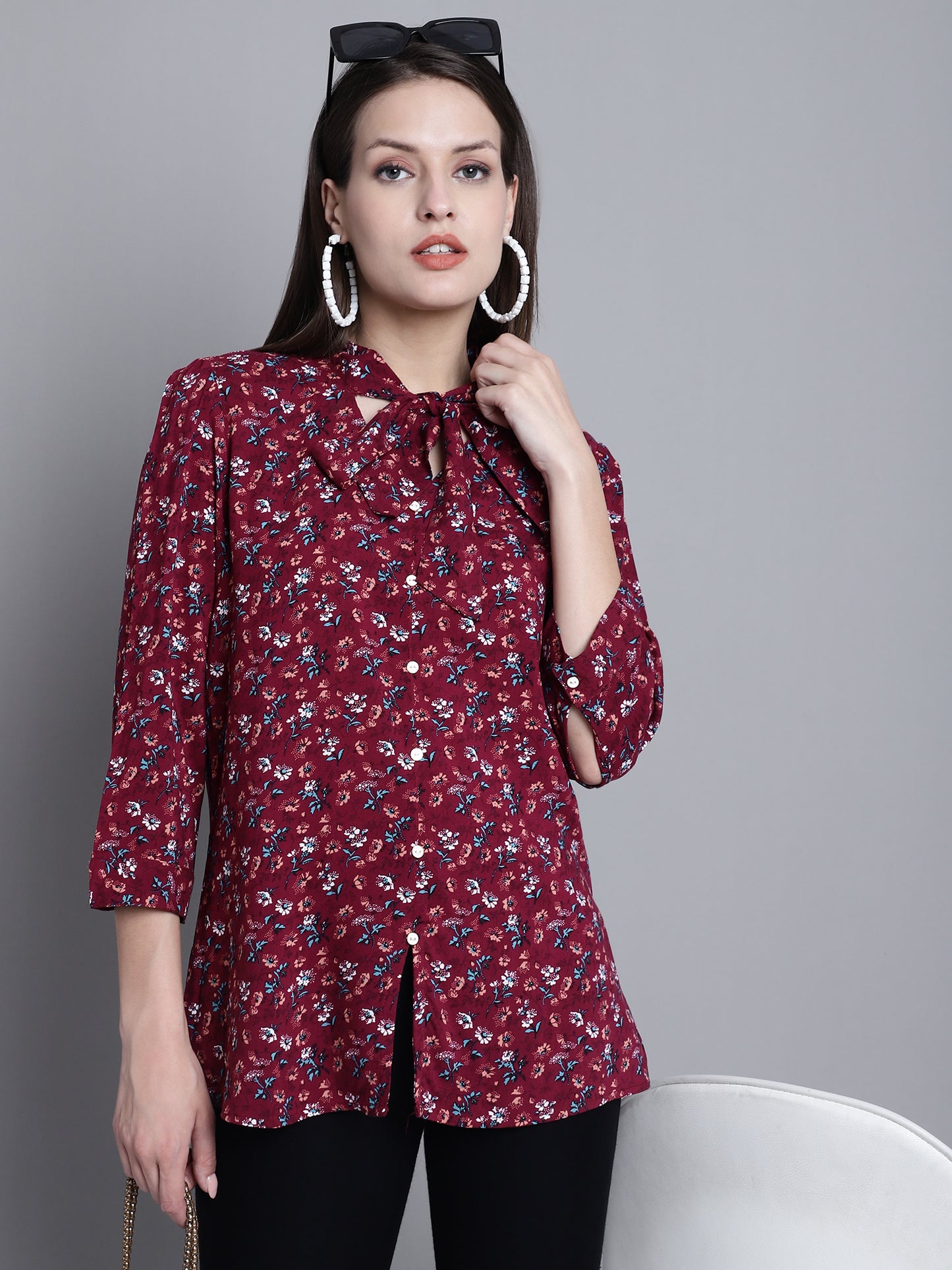 Cantabil Women Rayon Wine Floral Printed 3/4 Sleeves Tie Neck Casual Top (7163164590219)
