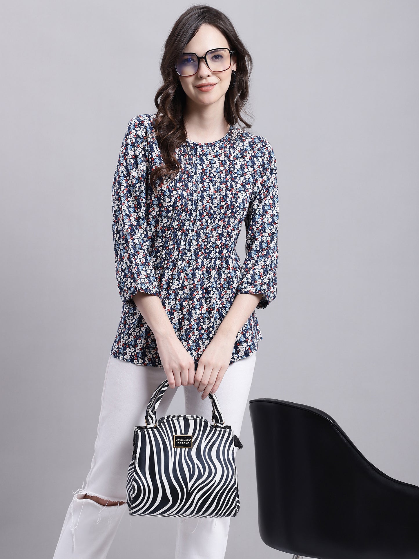 Cantabil Women Multi Floral Printed 3/4 sleeve Top (7155776389259)