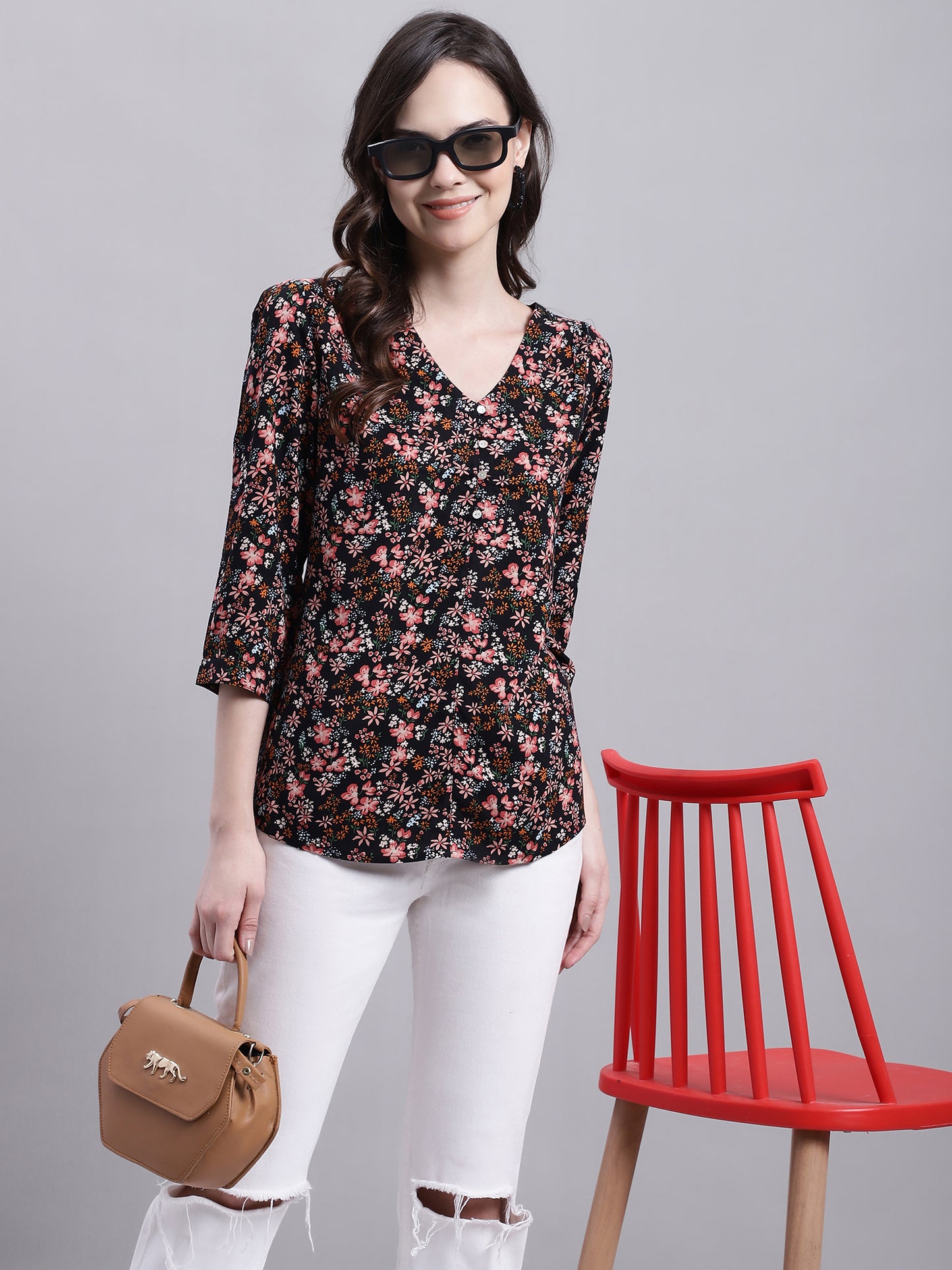 Cantabil Women Black Floral Printed 3/4 sleeve Top (7155772293259)