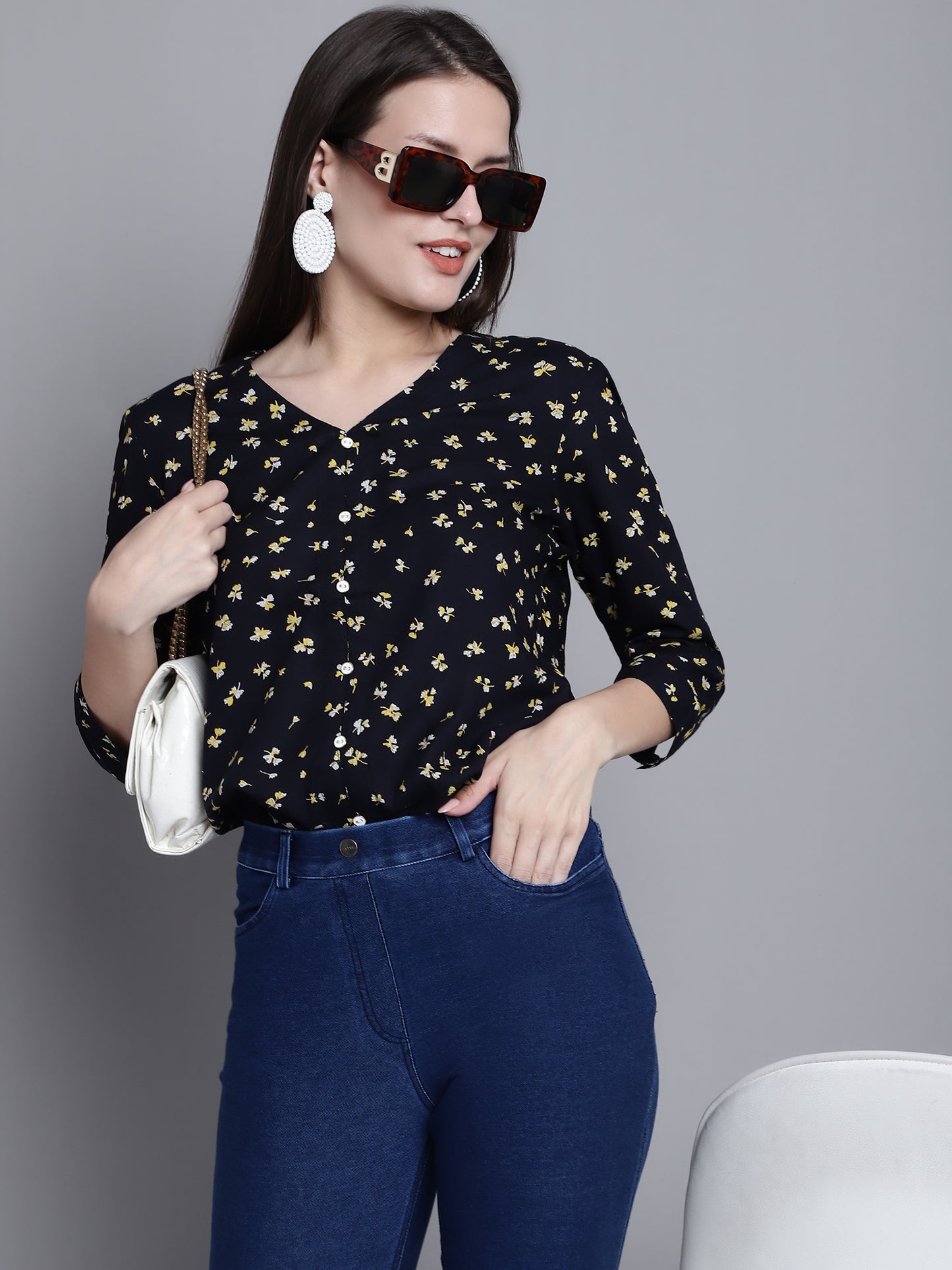 Cantabil Women Rayon Floral Printed Three Quarter Sleeves V Neck Navy Blue Casual Top (7163165835403)