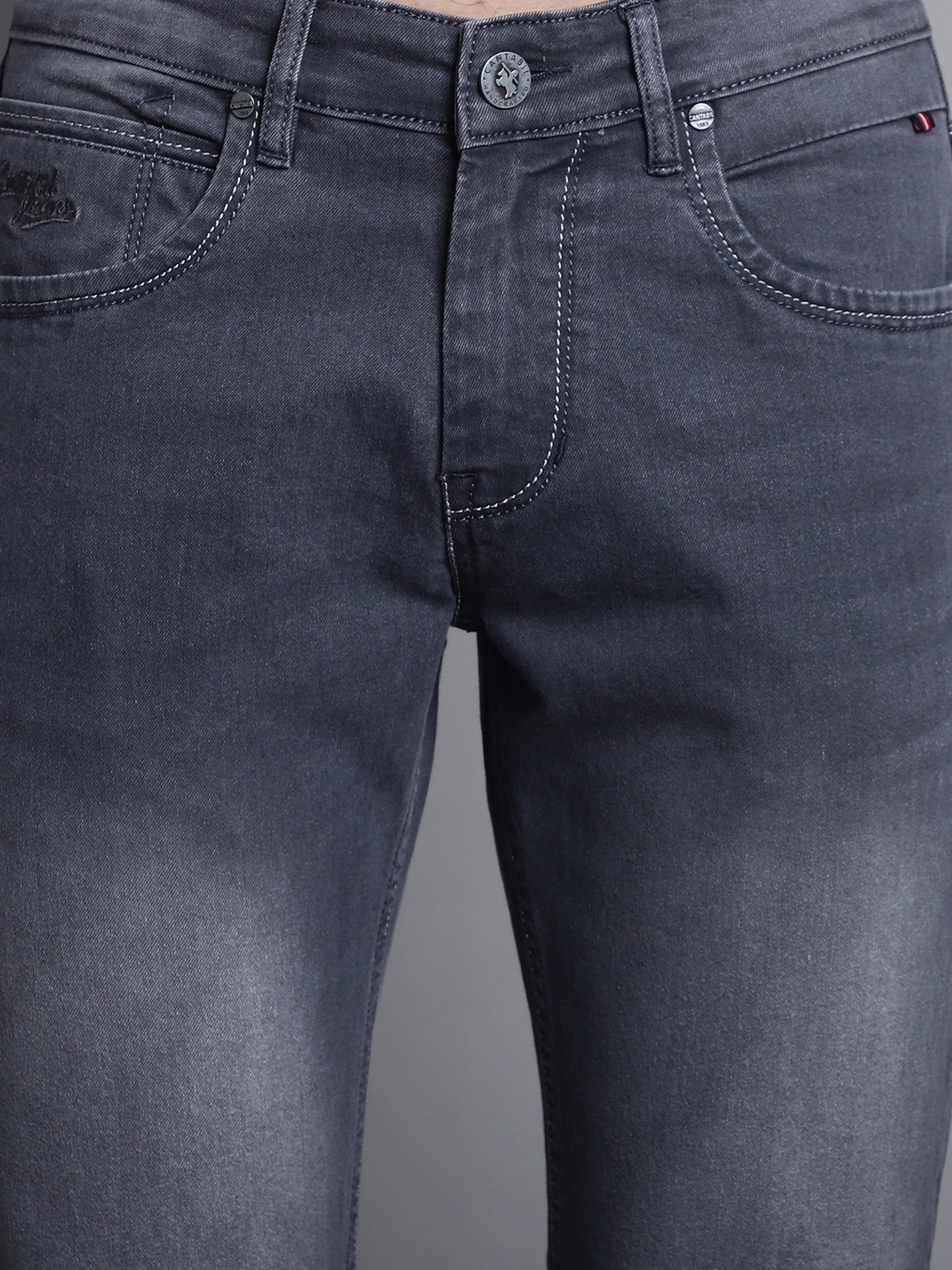 Cantabil Grey Solid Cotton Polyester Denim Flat Front Mid Rise Full Length Regular Fit Casual Jeans For Men (7165638443147)