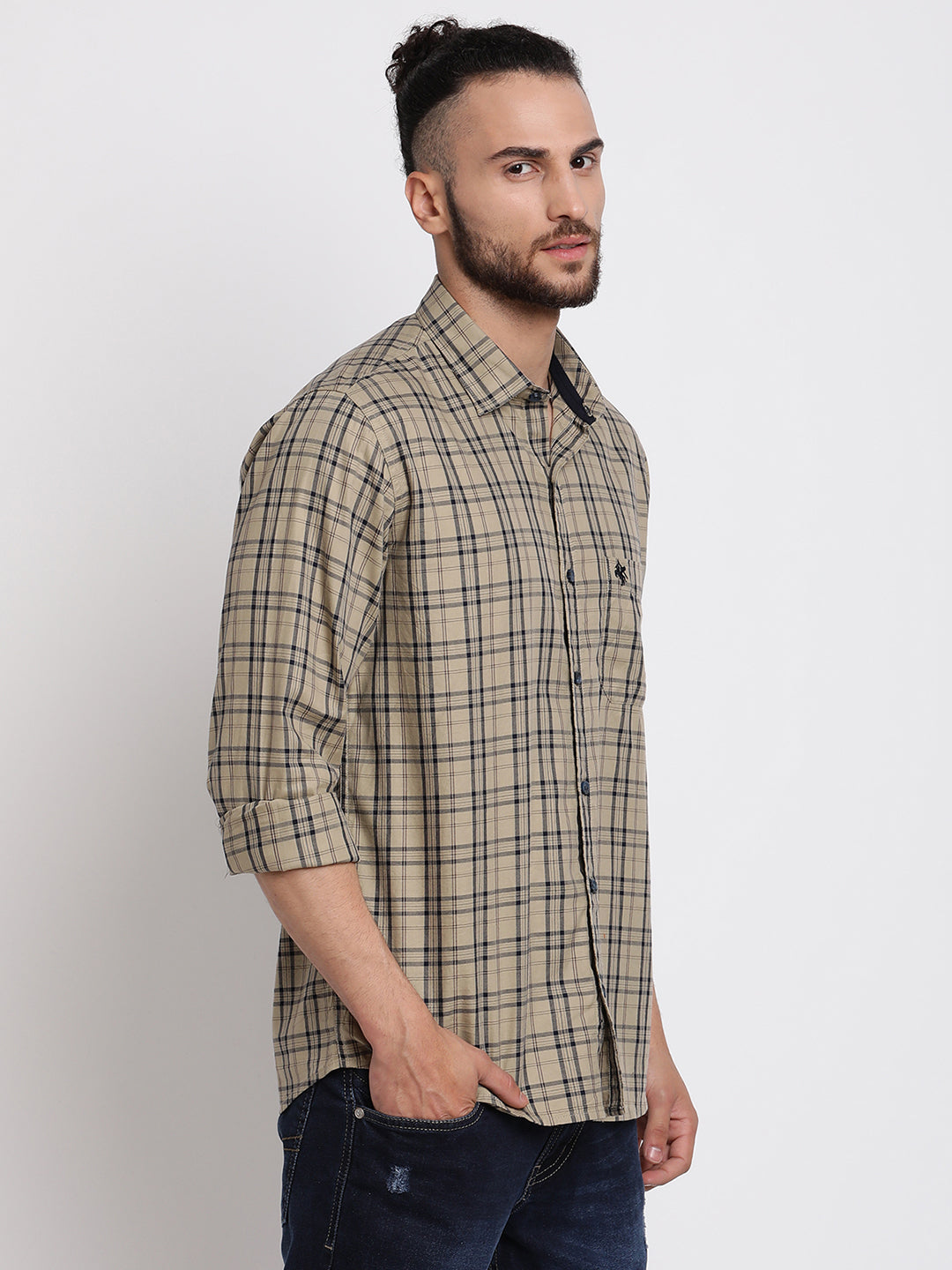 Cantabil Cotton Checkered Brown Full Sleeve Casual Shirt for Men with Pocket (6767329673355)