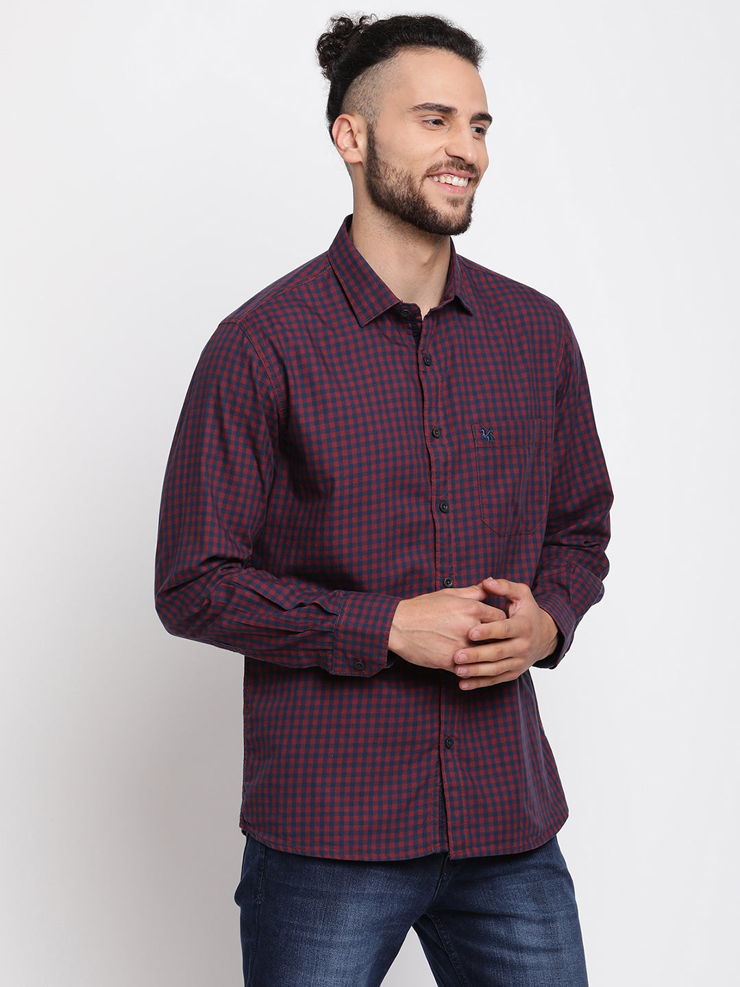 Cantabil Men Cotton Checkered Maroon Full Sleeve Casual Shirt for Men with Pocket (6767426011275)