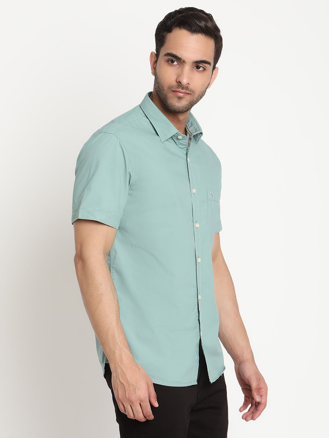 Cantabil Men Cotton Solid Green Half Sleeve Casual Shirt for Men with Pocket (6793064546443)