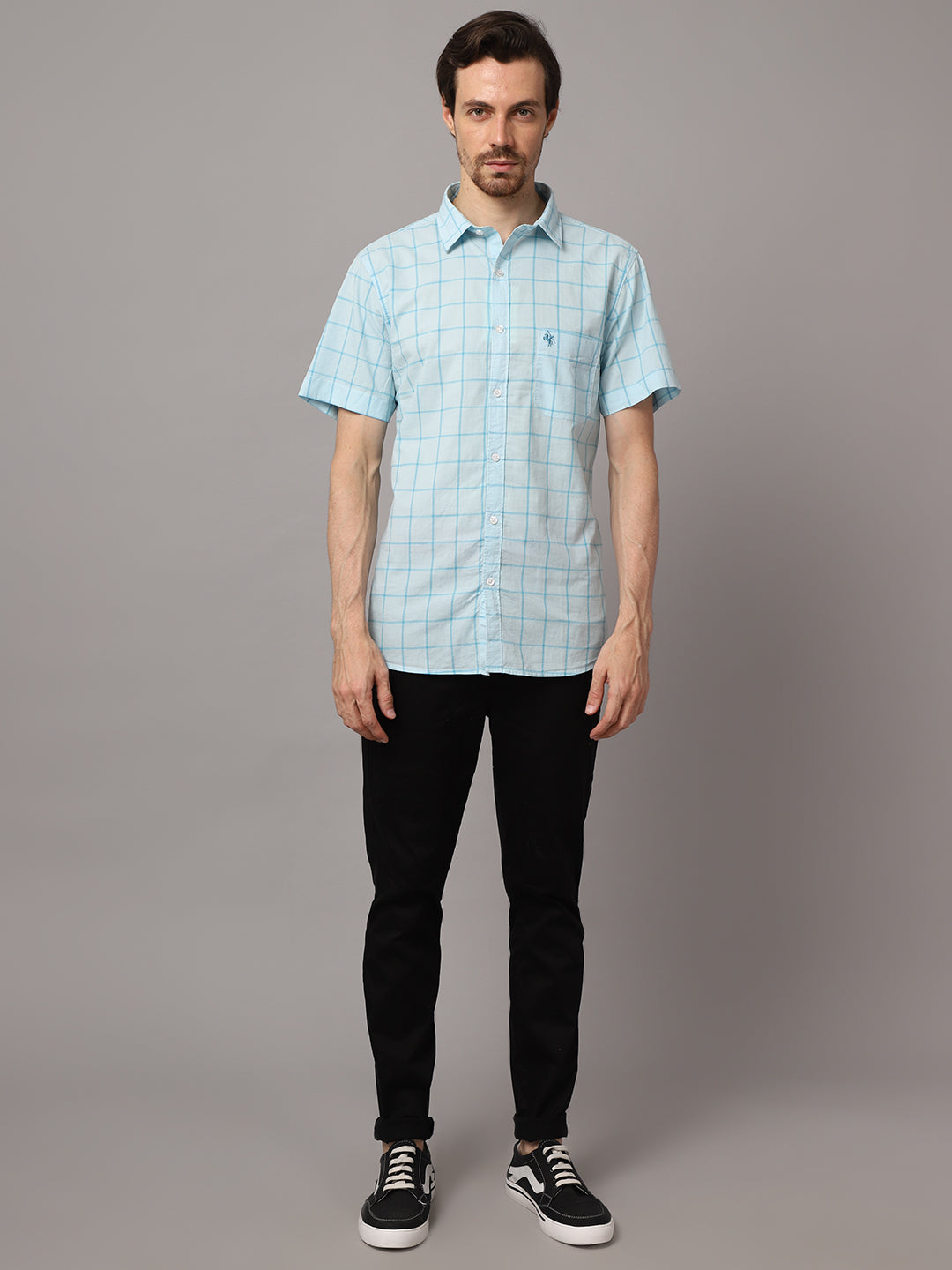 Cantabil Men Cotton Checkered Sky Blue Sleeve Casual Shirt for Men with Pocket (7048378744971)