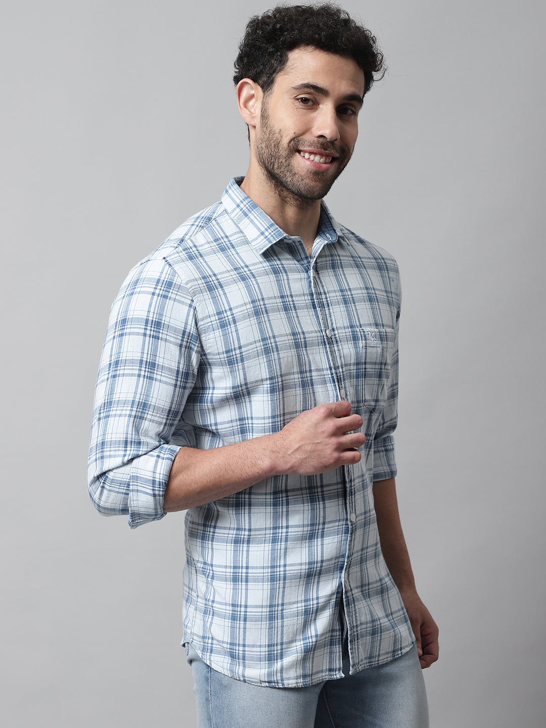 Cantabil Men Cotton Checkered Navy Blue Full Sleeve Casual Shirt for Men with Pocket (7070440685707)