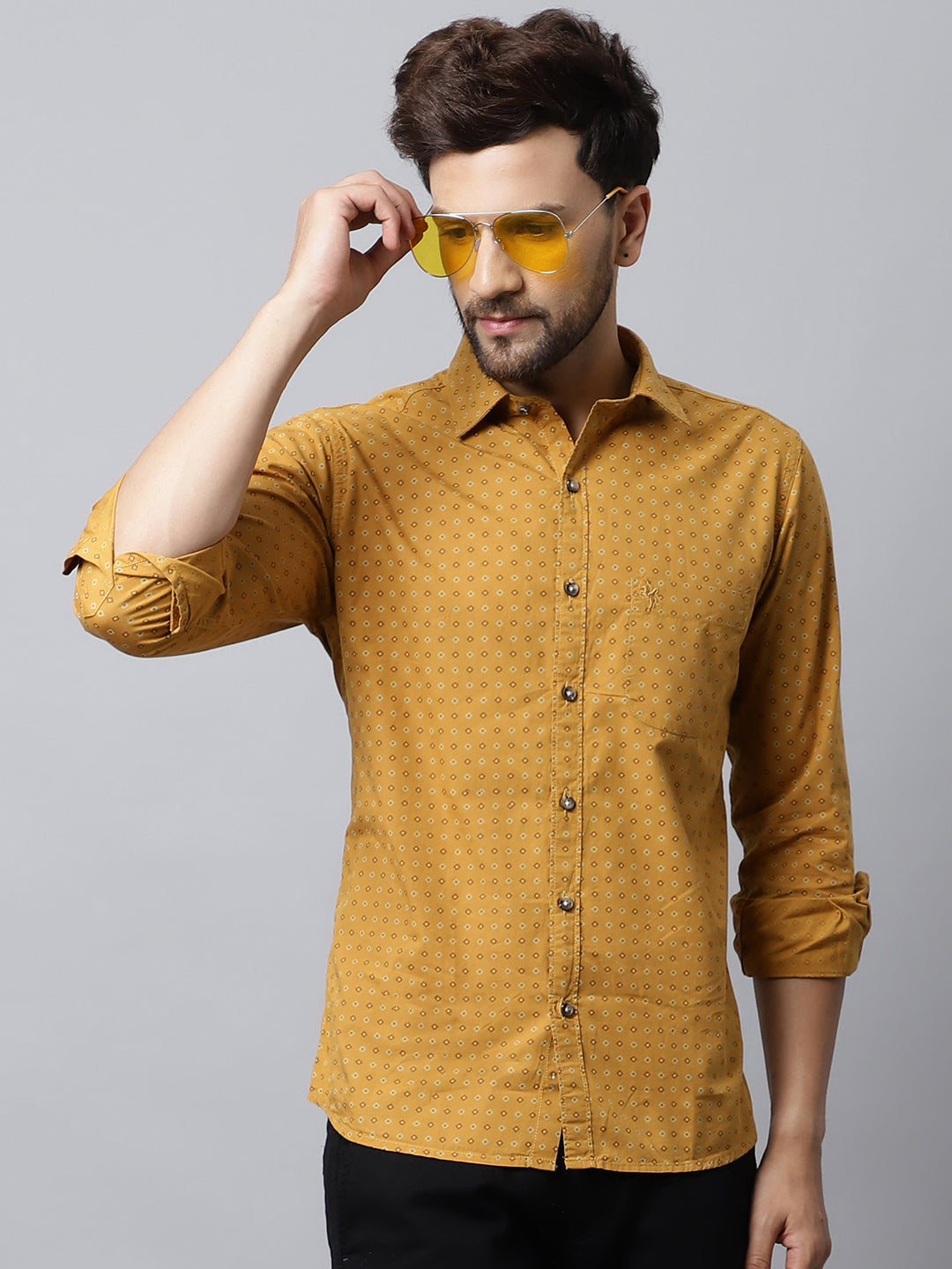 Cantabil Men Cotton Printed Full Sleeve Mustard Casual Shirt for Men with Pocket (7048380842123)