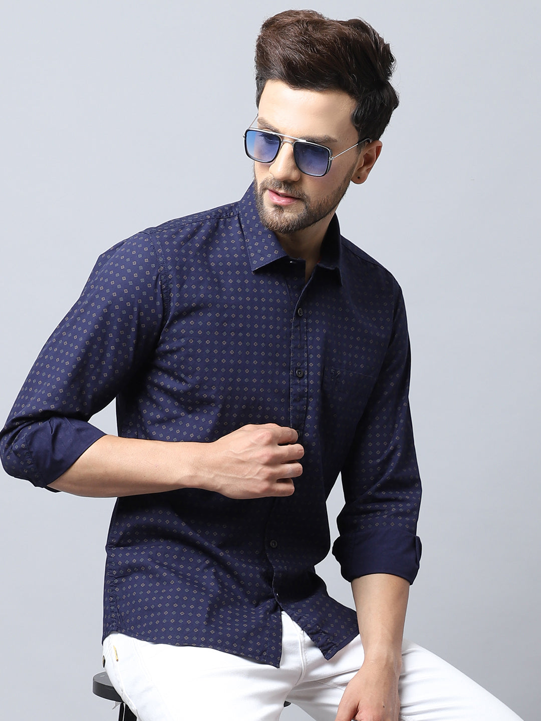 Cantabil Men Cotton Printed Full Sleeve Casual Navy Blue Shirt for Men with Pocket (7048381431947)