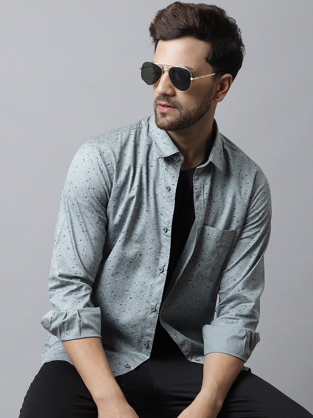 Cantabil Cotton Printed Grey Full Sleeve Casual Shirt for Men with Pocket (7048382251147)
