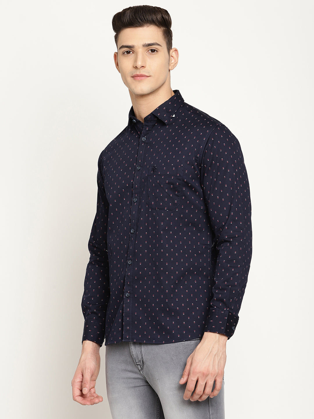 Cantabil Cotton Printed Navy Blue Full Sleeve Casual Shirt for Men with Pocket (6830723989643)