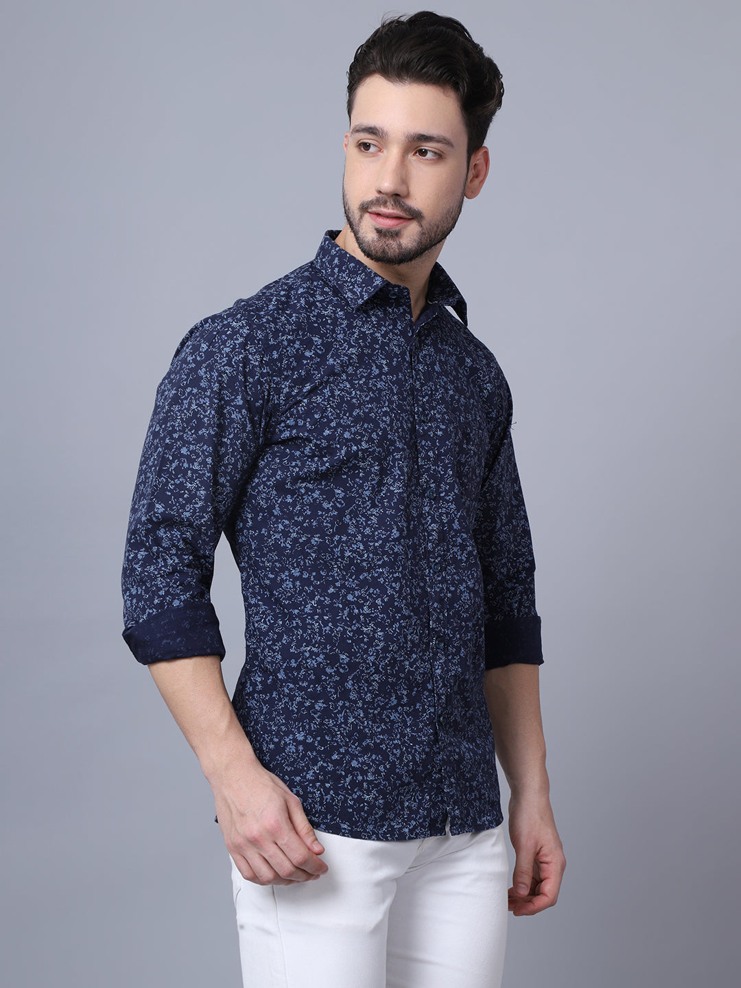 Cantabil Cotton Printed Navy Blue Full Sleeve Casual Shirt for Men with Pocket (7048383070347)