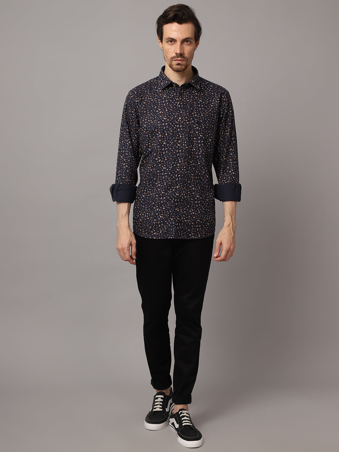 Cantabil Cotton Printed Navy Blue Full Sleeve Casual Shirt for Men with Pocket (7048383660171)