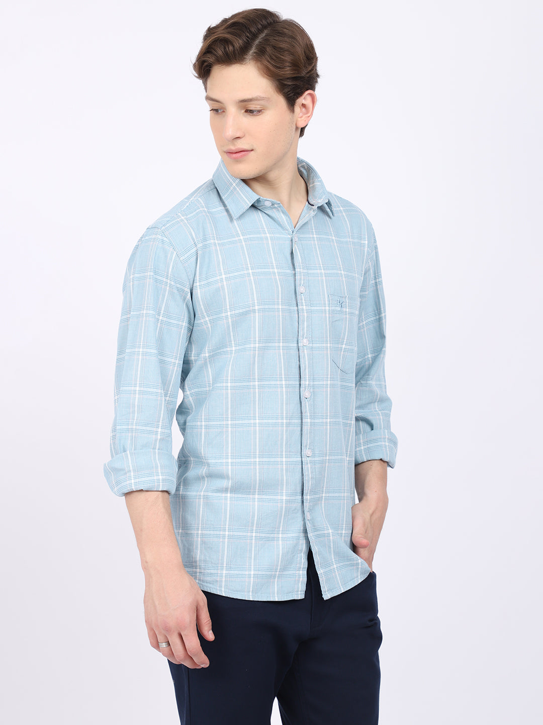 Cantabil Cotton Checkered Blue Full Sleeve Casual Shirt for Men with Pocket (6865461641355)