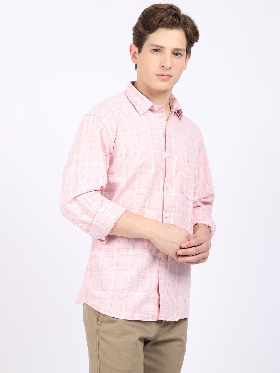 Cantabil Cotton Checkered Pink Full Sleeve Casual Shirt for Men with Pocket (6868504969355)