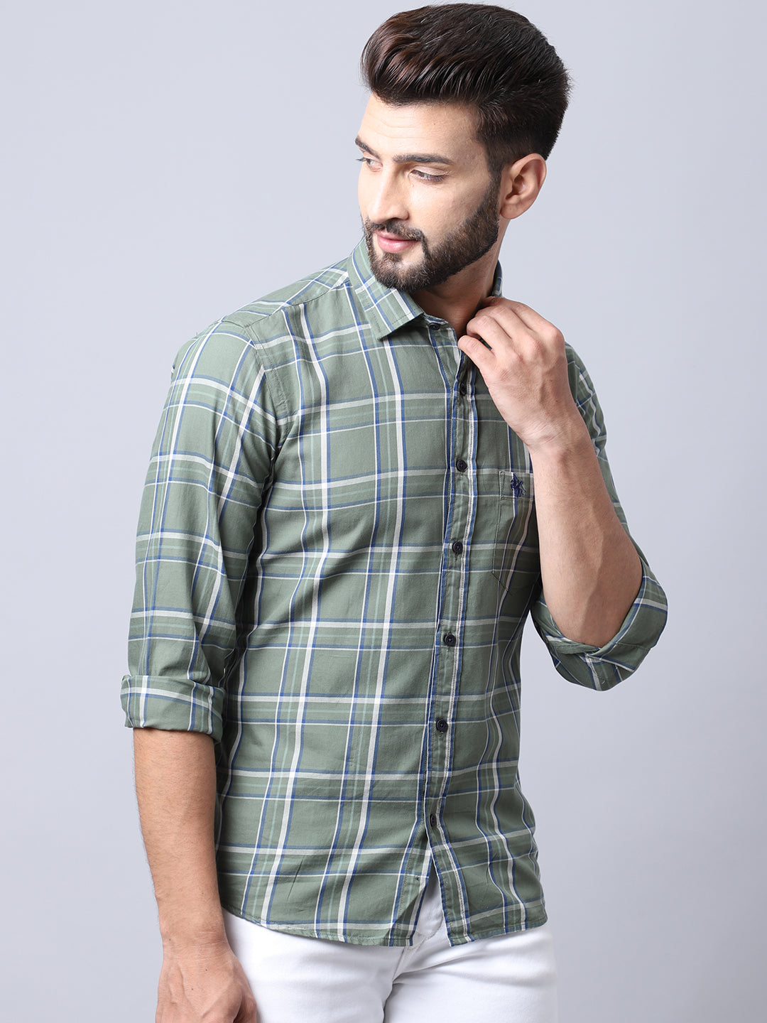 Cantabil Cotton Checkered Olive Full Sleeve Casual Shirt for Men with Pocket (7002636583051)