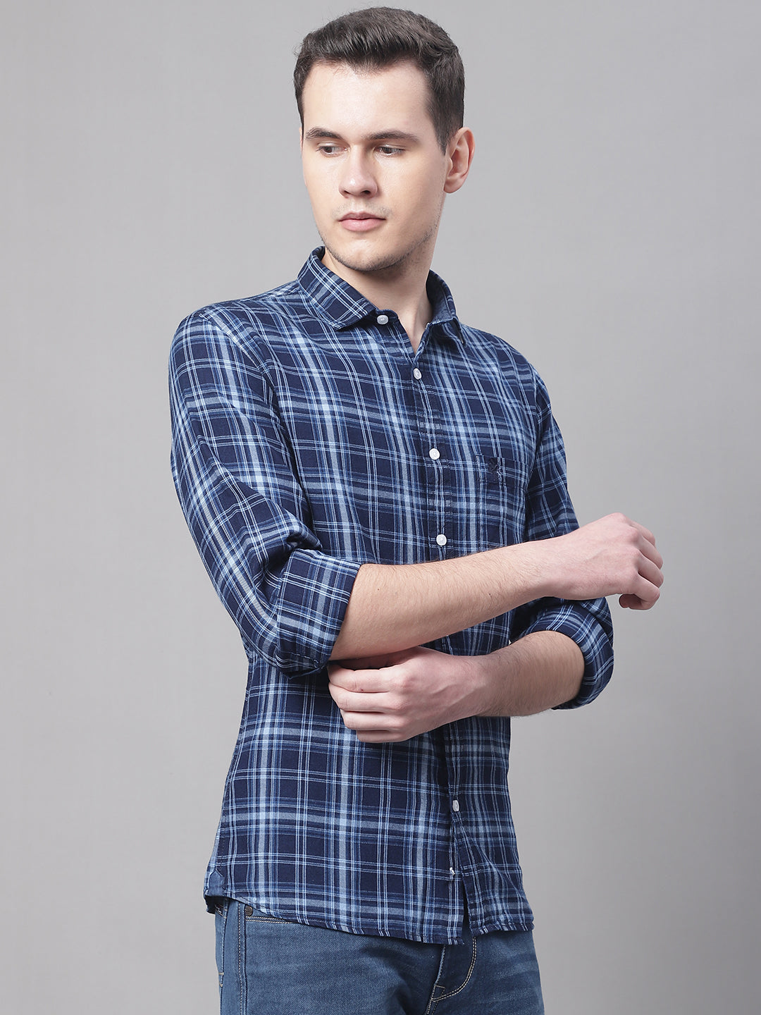 Cantabil Cotton Checkered Navy Blue Full Sleeve Casual Shirt for Men with Pocket (7070831870091)