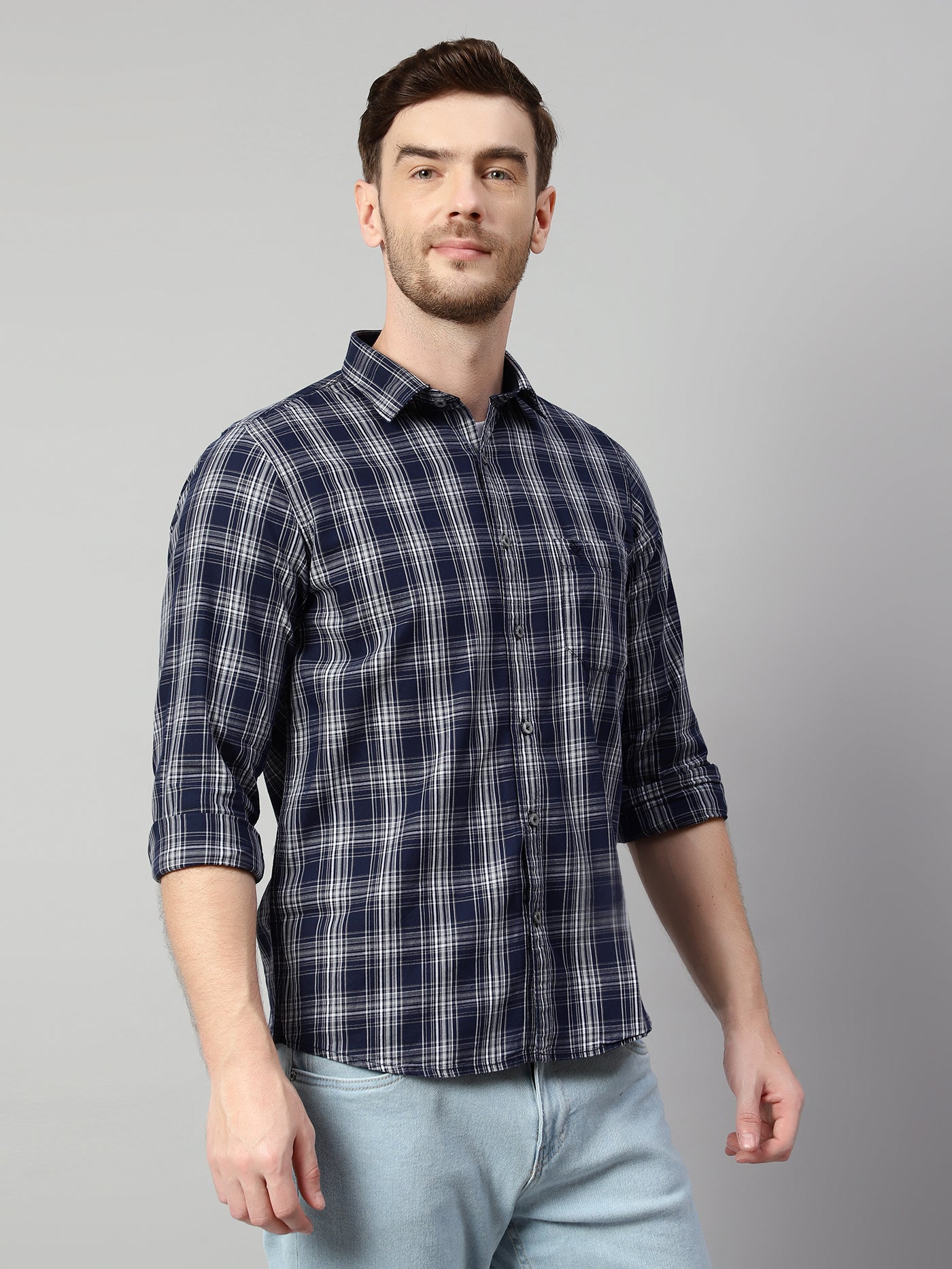 Cantabil Cotton Checkered Navy Blue Full Sleeve Casual Shirt for Men with Pocket (7114262904971)