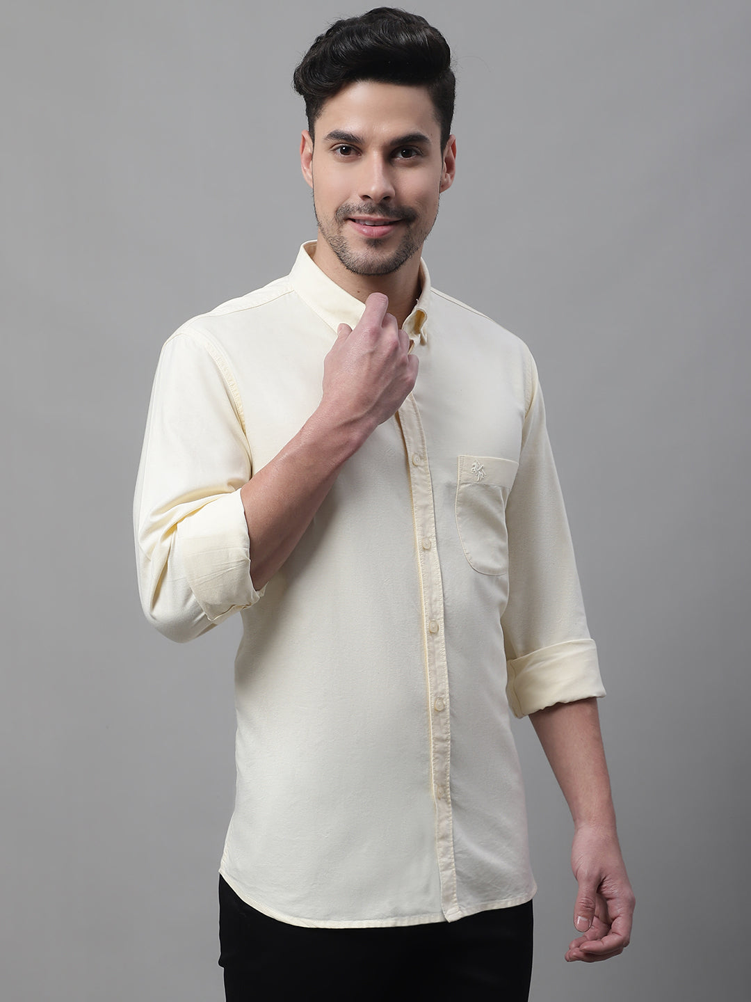 Cantabil Cotton Self Design Lemon Full Sleeve Casual Shirt for Men with Pocket (7082136240267)