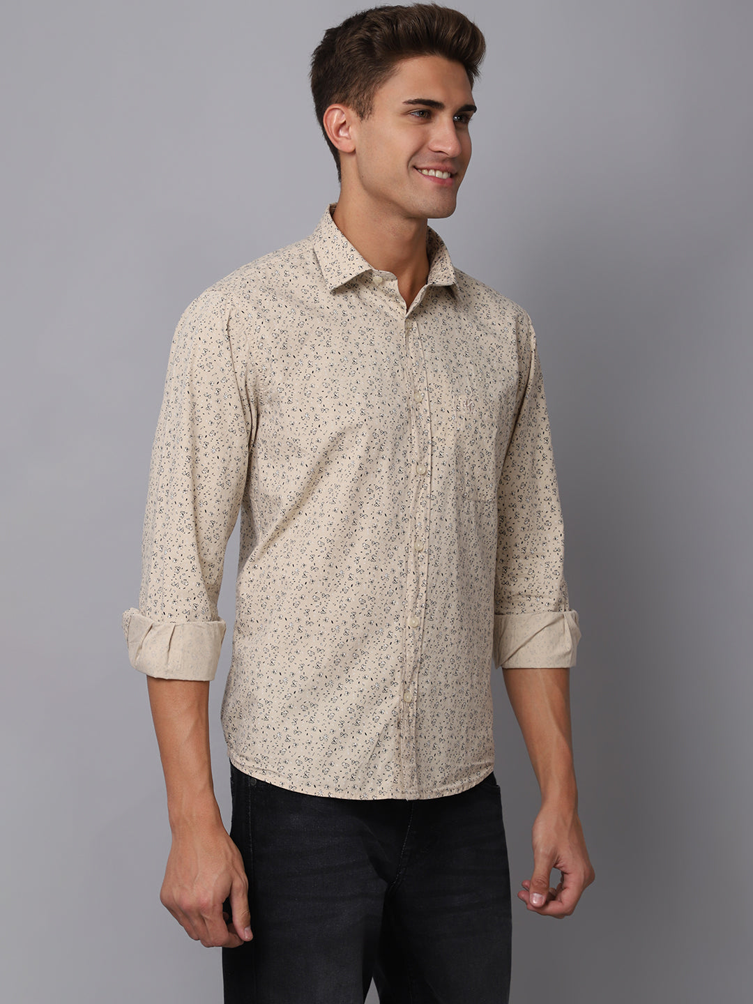 Cantabil Cotton Printed Khaki Full Sleeve Casual Shirt for Men with Pocket (6926711750795)