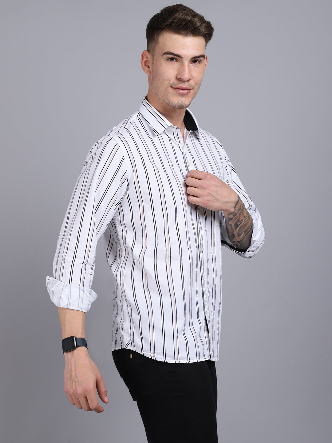 Cantabil Cotton Striped White Full Sleeve Casual Shirt for Men with Pocket (6853804195979)