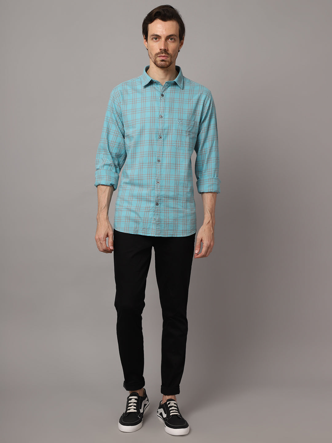 Cantabil Cotton Checkered Blue Full Sleeve Casual Shirt for Men with Pocket (7048409120907)