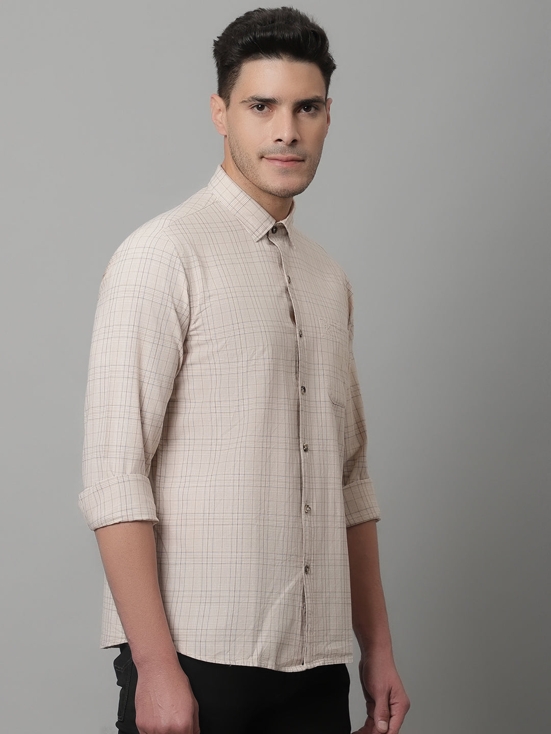 Cantabil Cotton Checkered Beige Full Sleeve Casual Shirt for Men with Pocket (7047856783499)