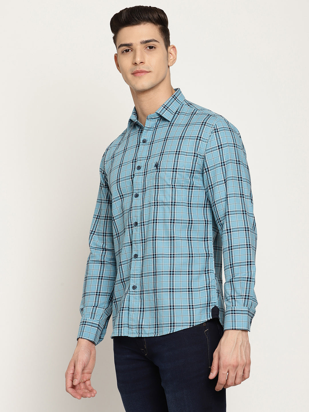 Cantabil Cotton Checkered Blue Full Sleeve Casual Shirt for Men with Pocket (6830510833803)