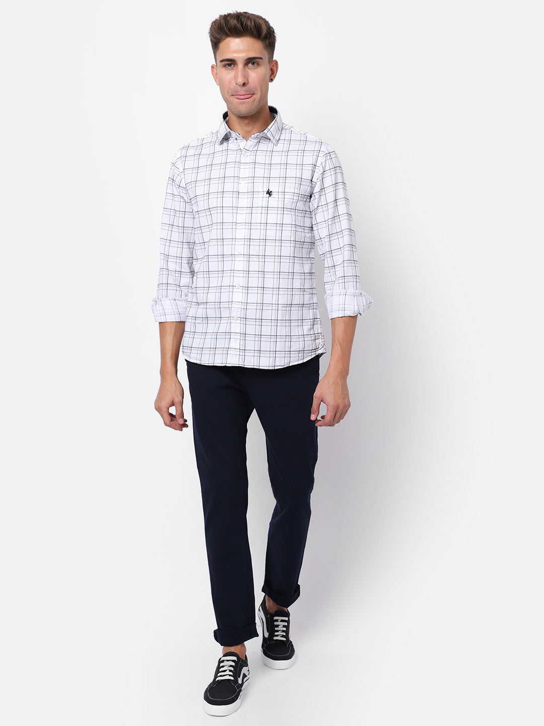 Cantabil Cotton Checkered White Full Sleeve Casual Shirt for Men with Pocket (6928207216779)