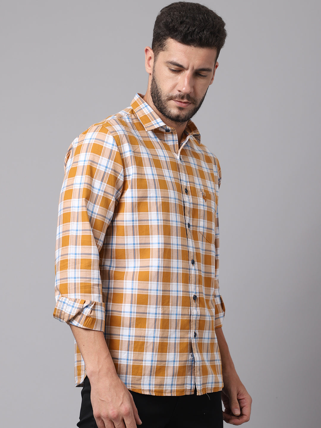 Cantabil Cotton Checkered Mustard Full Sleeve Casual Shirt for Men with Pocket (7049015132299)
