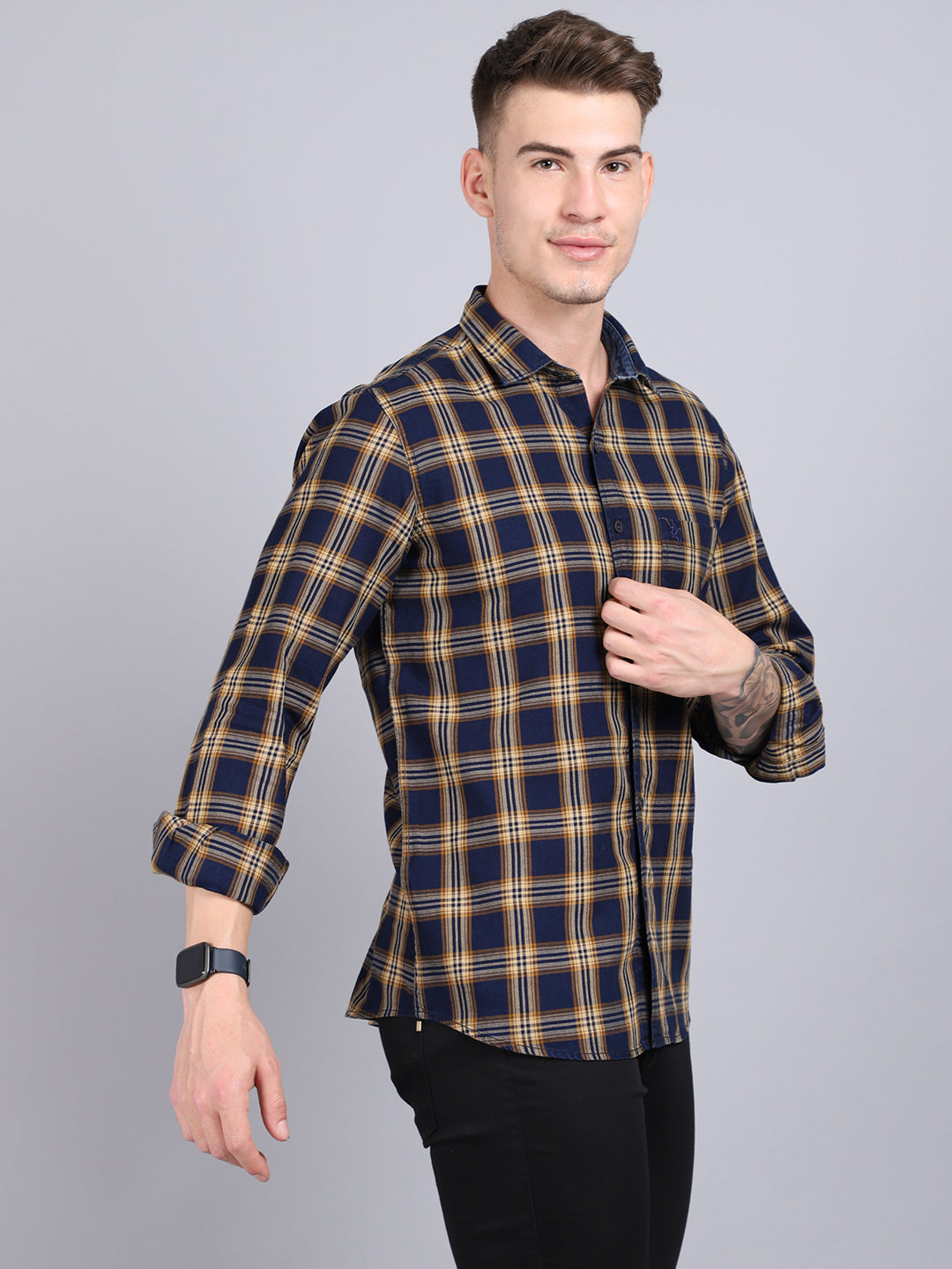Cantabil Cotton Checkered Mustard Full Sleeve Casual Shirt for Men with Pocket (6853781061771)