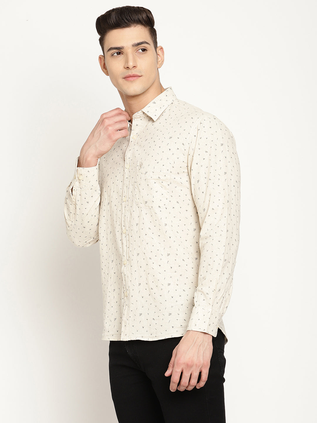 Cantabil Cotton Blend Printed Beige Full Sleeve Casual Shirt for Men with Pocket (6830287519883)