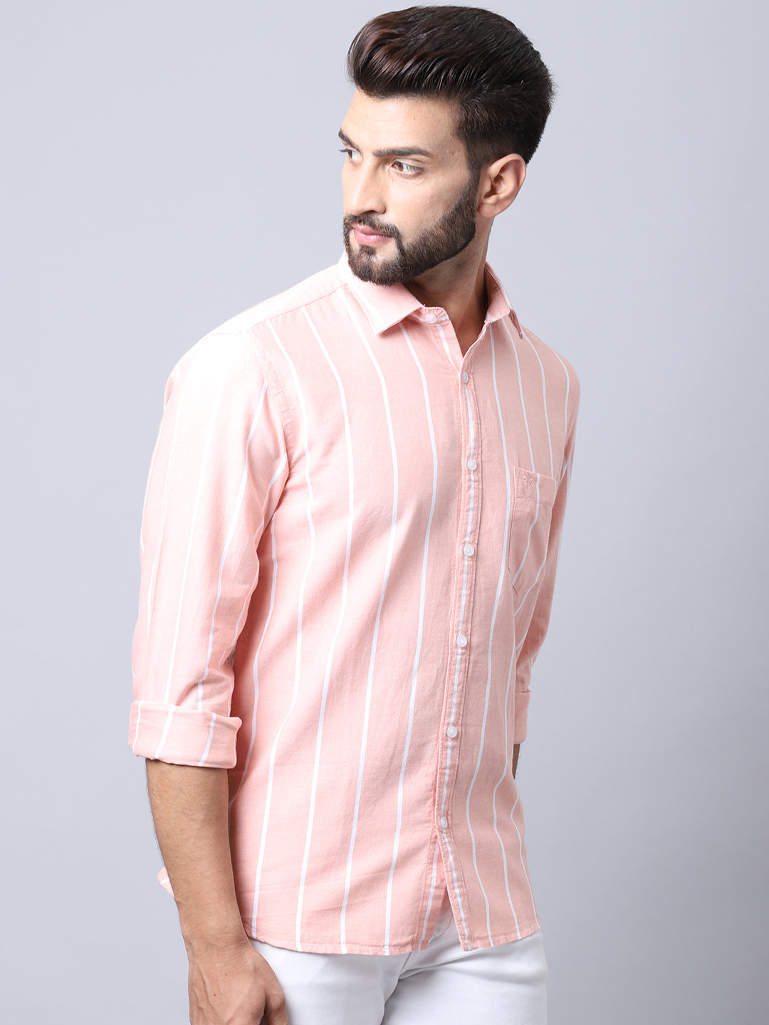 Cantabil Cotton Striped Orange Full Sleeve Casual Shirt for Men with Pocket (7002751828107)