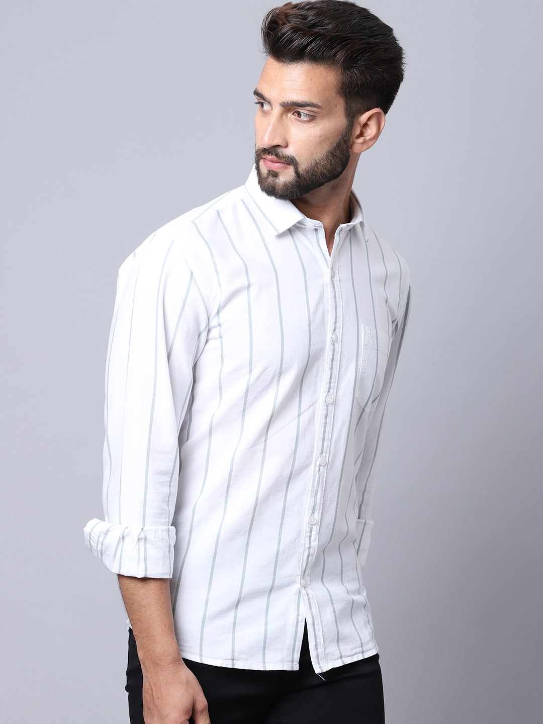 Cantabil Cotton Striped White Full Sleeve Casual Shirt for Men with Pocket (7002766770315)