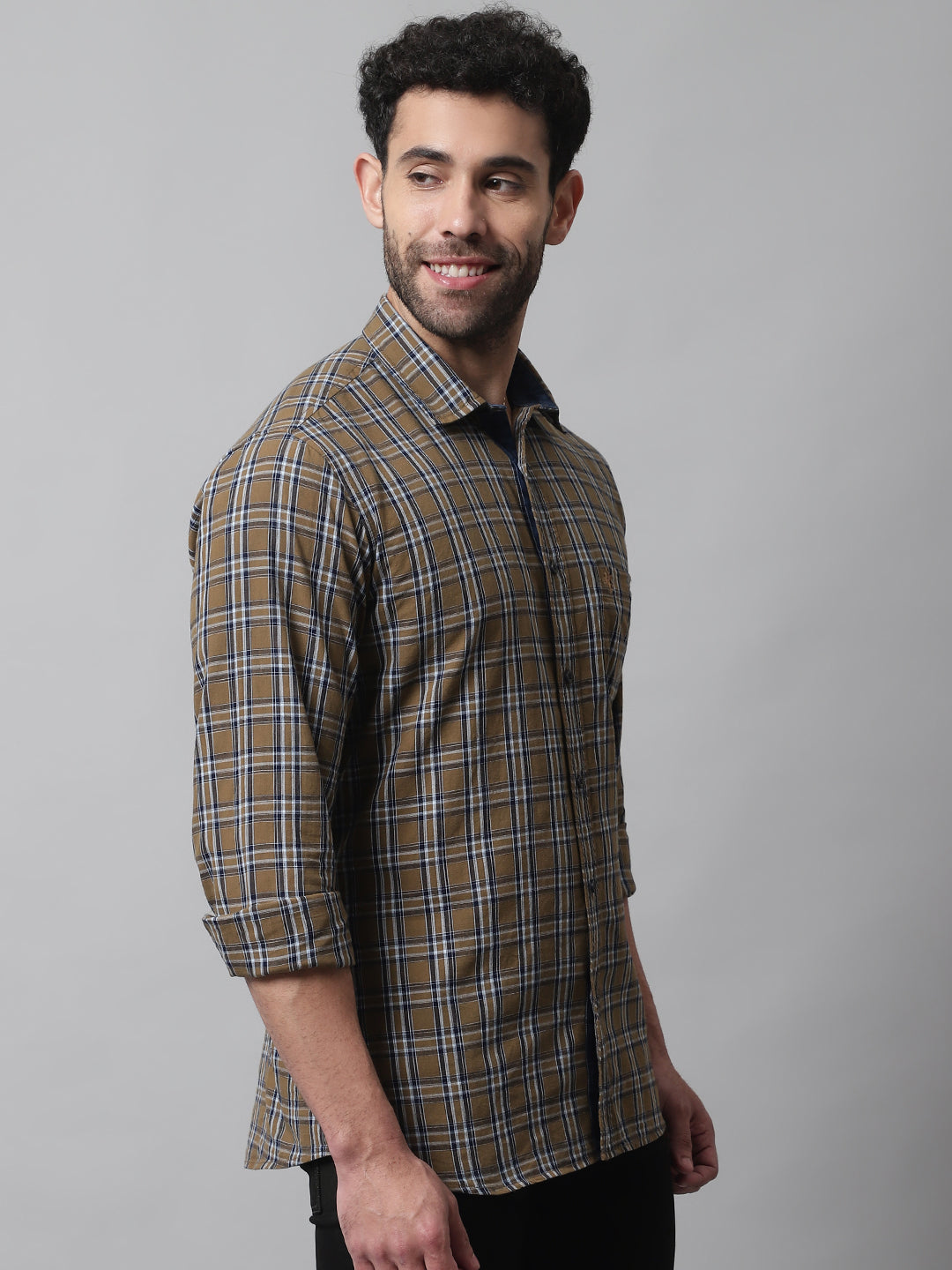 Cantabil Cotton Checkered Khaki Full Sleeve Casual Shirt for Men with Pocket (7070448779403)