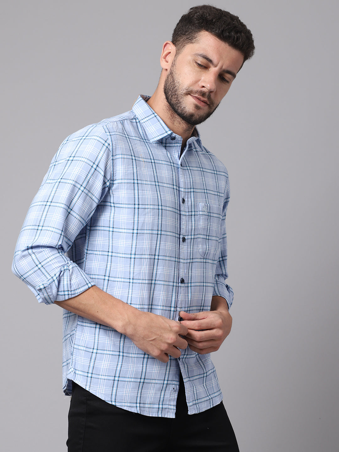 Cantabil Cotton Checkered Sky Blue Full Sleeve Casual Shirt for Men with Pocket (7049027977355)