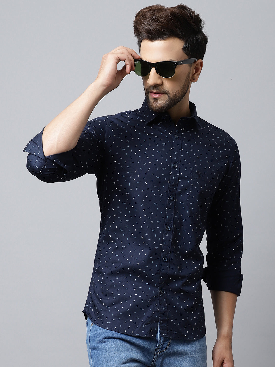Cantabil Cotton Printed Navy Blue Full Sleeve Casual Shirt for Men with Pocket (7048397389963)