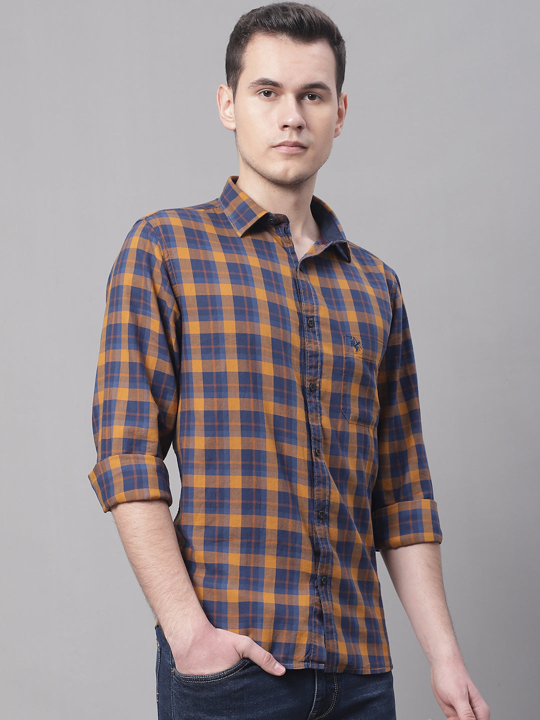 Cantabil Cotton Checkered Mustard Full Sleeve Casual Shirt for Men with Pocket (7070834262155)