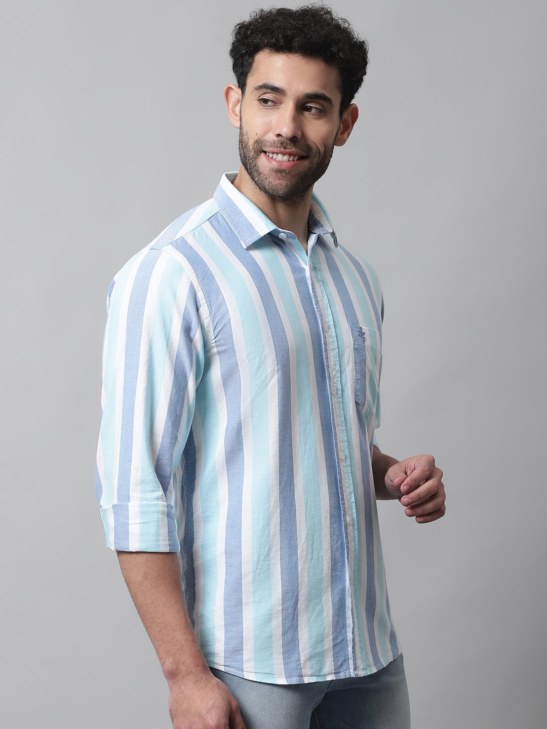 Cantabil Cotton Striped Mint Blue Full Sleeve Casual Shirt for Men with Pocket (7070792122507)