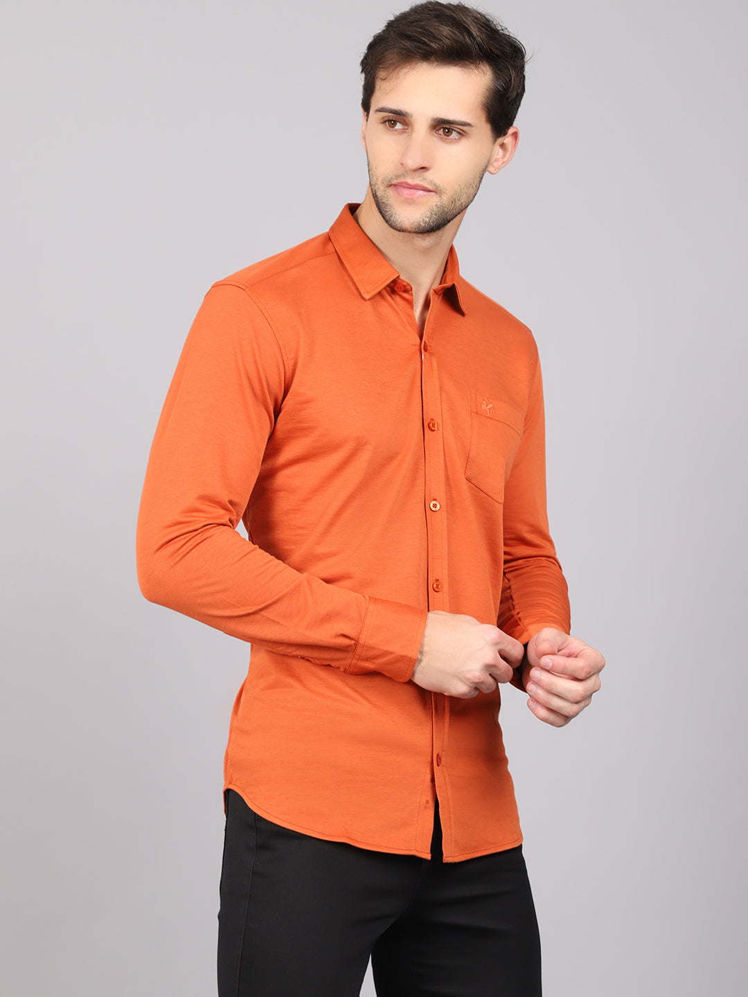Cantabil Cotton Blend Solid Rust Full Sleeve Casual Shirt for Men with Pocket (6841027035275)